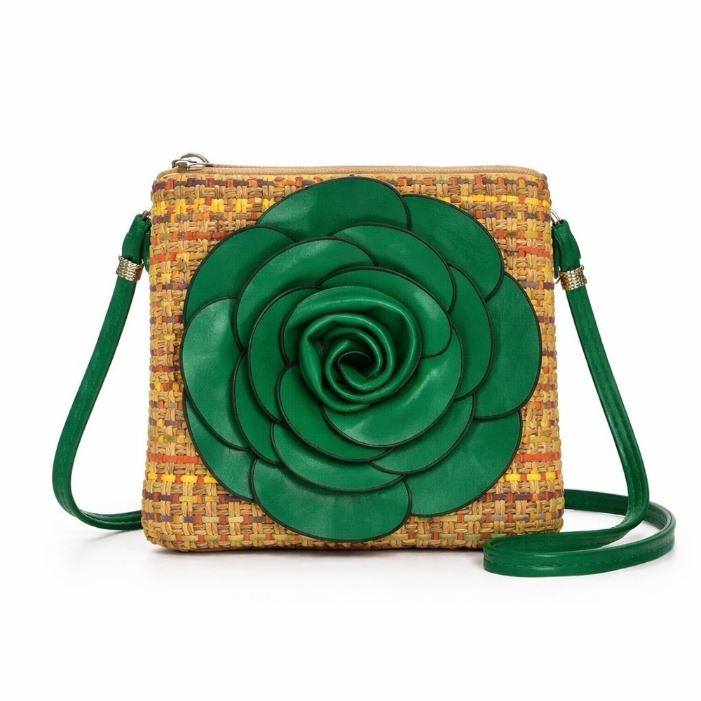 Woven Straw Crossbody Bag Faux Leather Green Applique Boho Cottagecore Resort‎